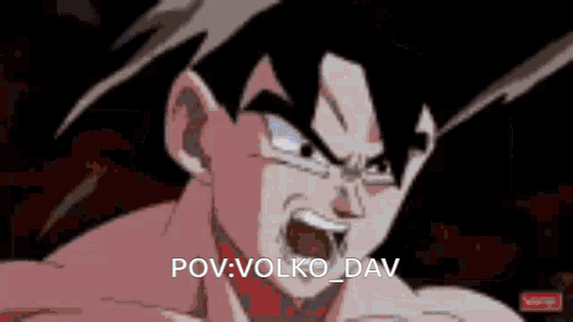 a cartoon of a man screaming with the words pov : volko dav written below him .