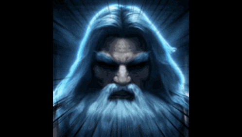 a man with long hair and a beard has a blue light behind him