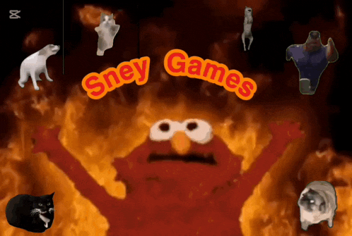 elmo is surrounded by cats and says " sney games "