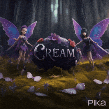 two fairy dolls are standing in front of a large sphere with the word cream on it