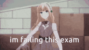 a girl is standing in a room with the words `` im failing this exam '' .