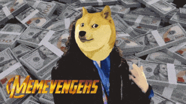 a doge is standing in front of a pile of money with the words memevengers written on the bottom