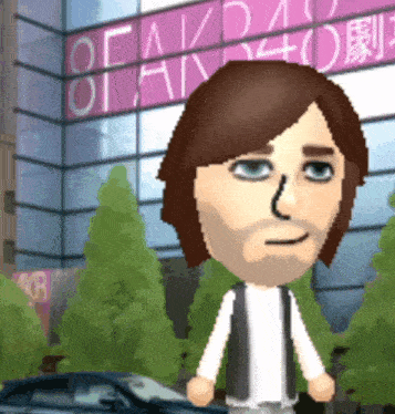 a cartoon character is standing in front of a building with a sign that says ' oea / d ' on it