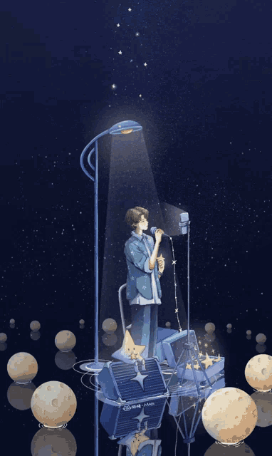 an illustration of a man singing into a microphone with moons in the background