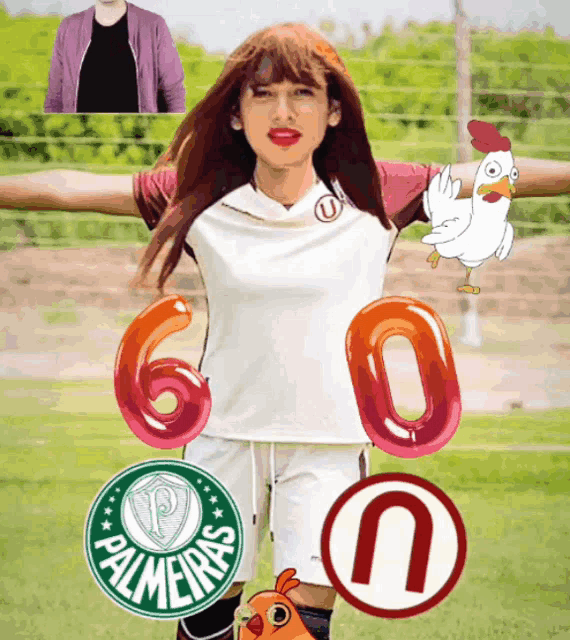 a woman in a soccer uniform is surrounded by logos for palmeiras and u