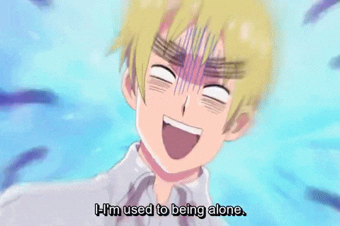 a man in a white shirt is laughing and says " i 'm used to being alone "