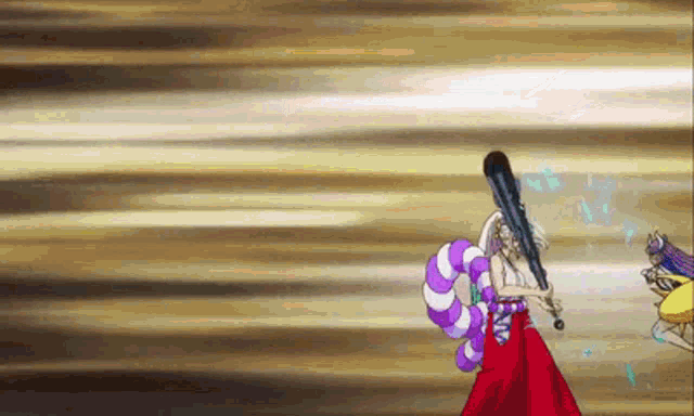 a woman in a red dress is holding a bat in her hand in a cartoon .