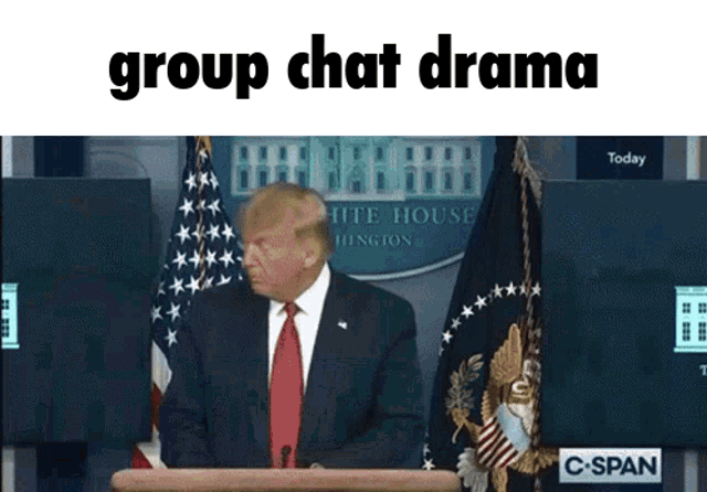 a man in a suit and tie stands at a podium with the words " group chat drama " below him