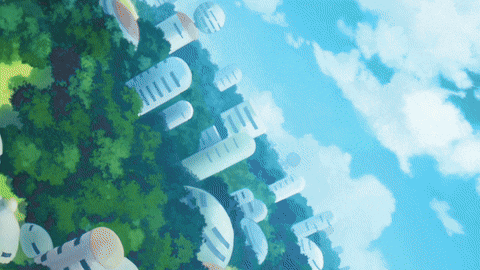 a bunch of buildings are floating in the air with trees in the background