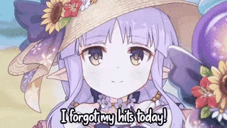 a girl with purple hair is wearing a hat and flowers on her head and says `` i forgot my hits today ! ''