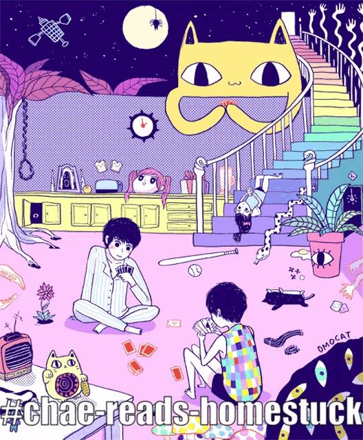 a cartoon drawing of two kids playing cards with the words chae reads home stuck below them