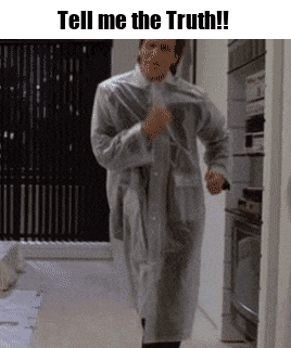 a man in a clear raincoat is running in a hallway with the words tell me the truth below him