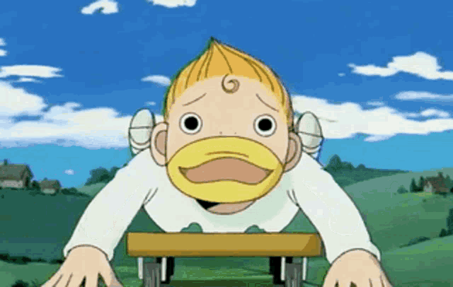 a cartoon character with yellow hair and a yellow mouth