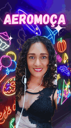 a woman wearing headphones stands in front of a neon sign that says " aeromoca "