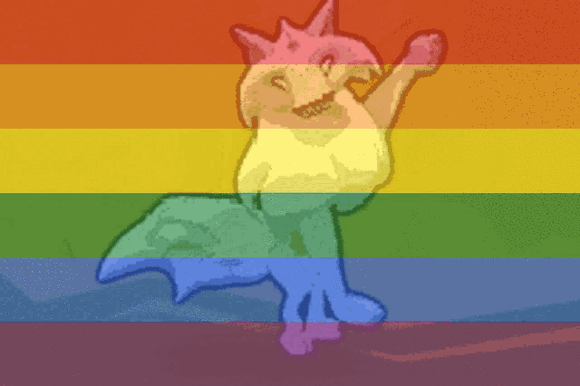 a pixel art drawing of a fox dancing in front of a rainbow background