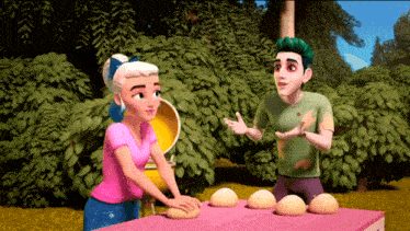 a boy and a girl are standing next to each other talking
