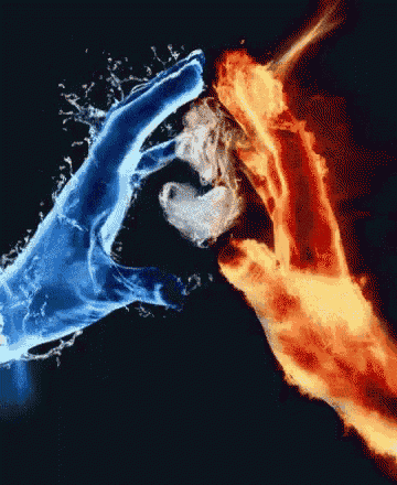 two hands made of water and fire are touching
