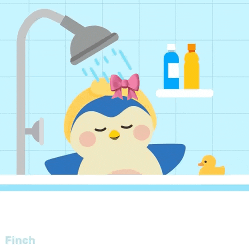 an illustration of a penguin taking a shower with the words squeaky clean underneath