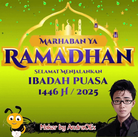 a man with glasses and a bee on a green background with the words marhaban ya ramadhan