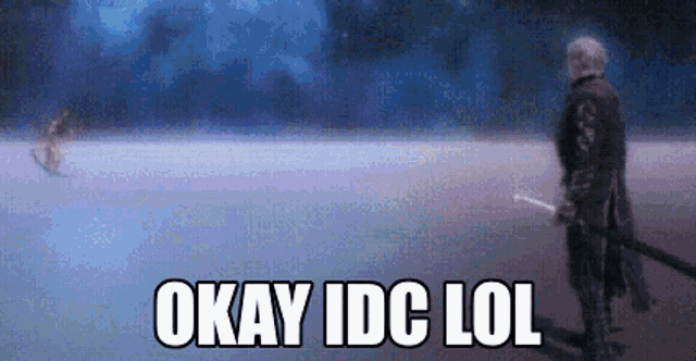 a man with a sword is standing in the middle of a field with the words okay idc lol on the bottom