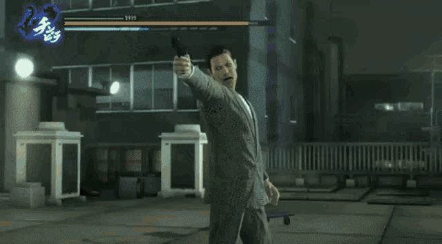 a man in a suit is holding a gun in a video game and has a yp99 score
