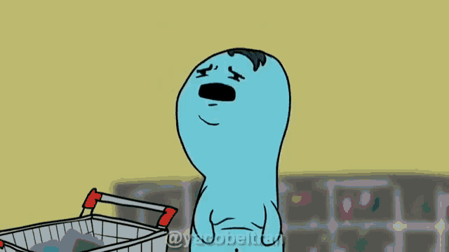a cartoon character is holding a shopping cart and has a question mark in front of him
