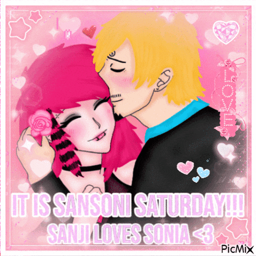 a picture of a man kissing a girl with the caption " it is sansoni saturday !!! sanji loves sonia < 3 "