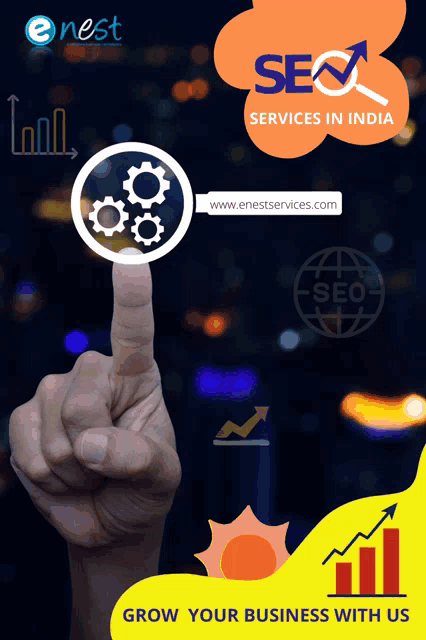 an advertisement for seo services in india shows a hand pointing