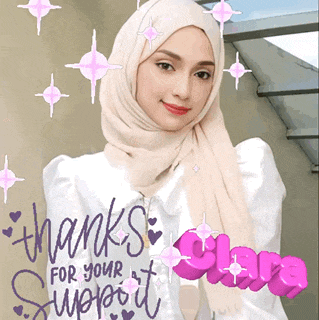 a woman wearing a hijab stands in front of a sign that says " thanks for your support "