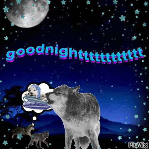 a picture of a wolf and a puppy with the words goodnight written on it