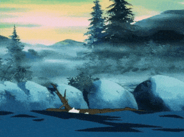 a painting of a landscape with trees and rocks in the background