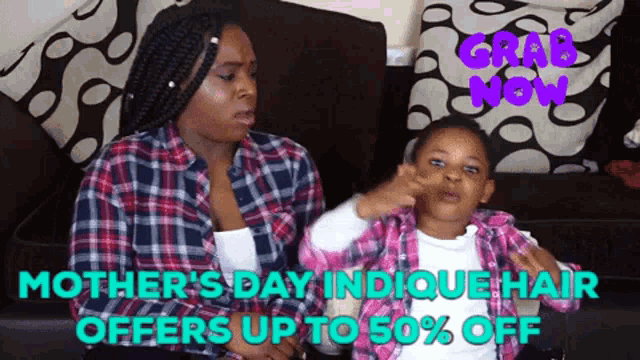 a woman and child are sitting on a couch with the words grab now on the bottom