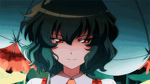 a girl with green hair is holding an umbrella and looking at the camera