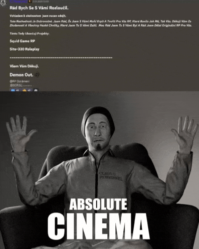 a man is sitting in a chair with his hands in the air and the words " absolute cinema " below him