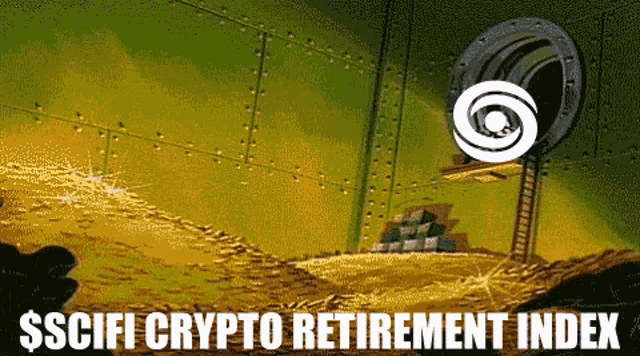 a cartoon illustration of a pile of gold with the words $ scifi crypto retirement index