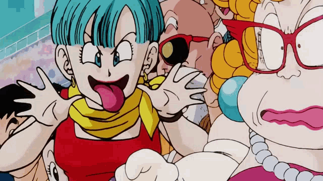 a group of cartoon characters are posing for a picture and one of them is making a face .