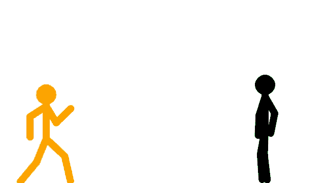 a black stick figure is standing next to a yellow stick figure on a white background