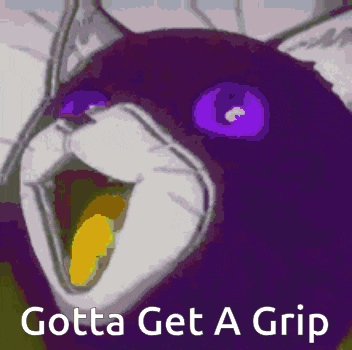 a cartoon cat with purple eyes and the words gotta get a grip below it