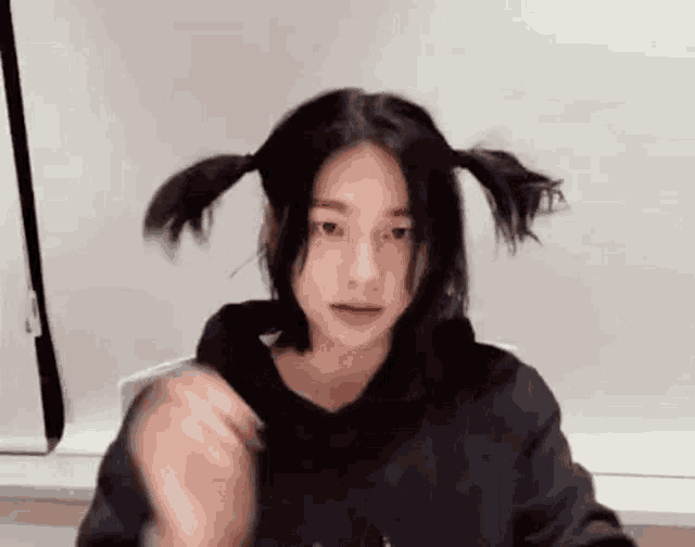 a person with pigtails on their head is sitting in front of a window .