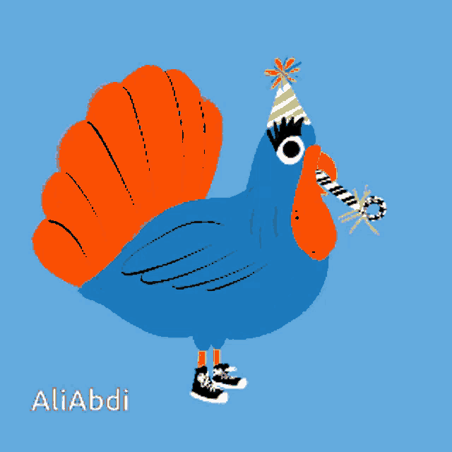 a cartoon turkey wearing a party hat and sneakers