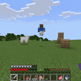 a screenshot of a minecraft game with a sheep and a man jumping in the air