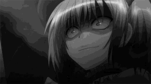 a black and white photo of a creepy anime girl with a choker on her neck .