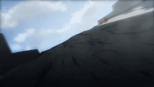 a painting of a cliff with a blue sky and clouds in the background