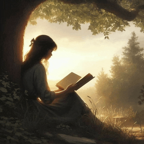 a woman sits under a tree reading a book at sunset