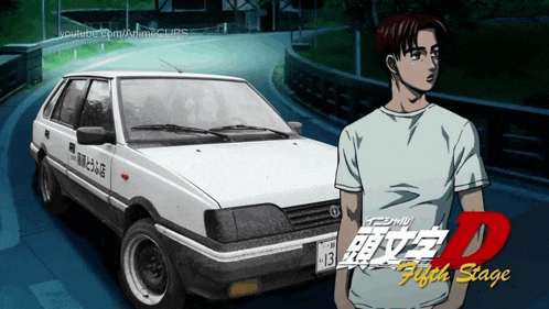a man stands in front of a white car that says fifth stage on it