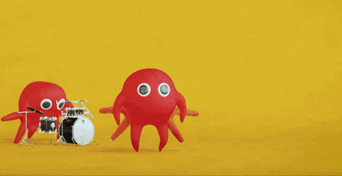 a cartoon octopus playing a drum set next to another octopus