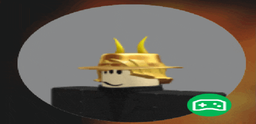 a cartoon character wearing a gold hat with horns on it