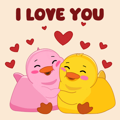 a pink duck and a yellow duck hugging with the words i love you above them