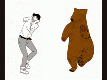 a cartoon of a man and a bear dancing