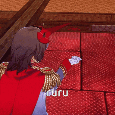 a video game character named ruru is standing on a red surface